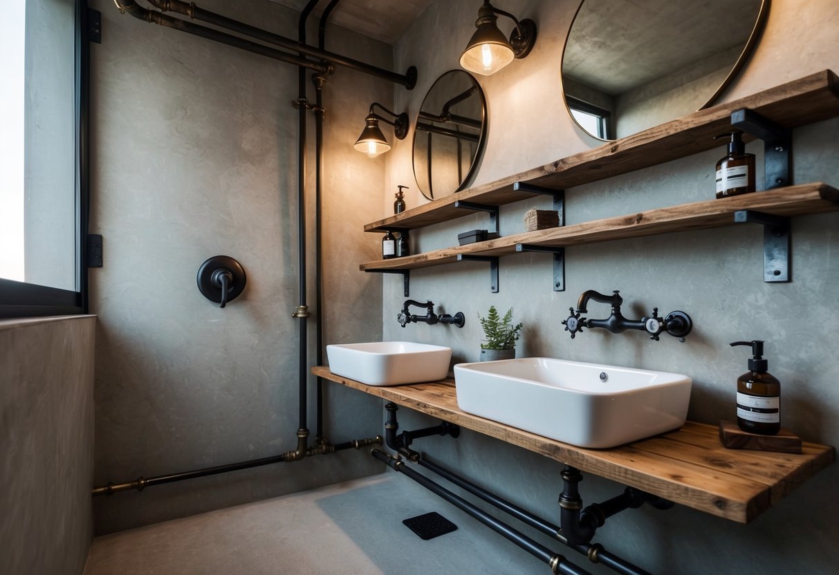 A rustic, industrial-style bathroom with vintage faucets, exposed pipes, and distressed wood shelves. Industrial light fixtures and metal accents complete the look