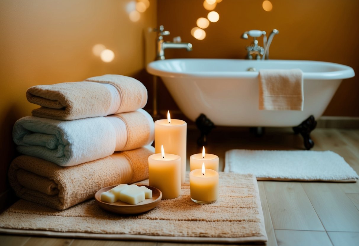 A cozy bathroom with soft towels, a plush bath mat, scented candles, and a warm, inviting color scheme