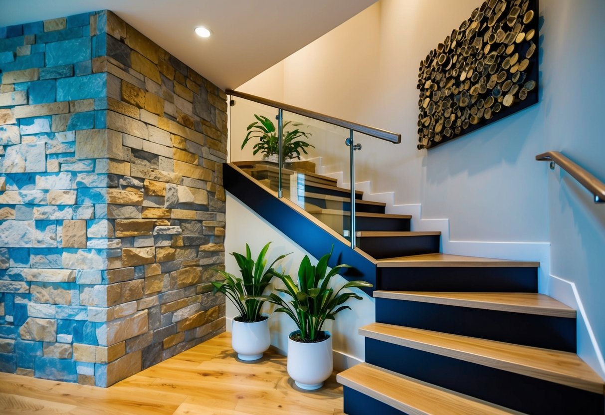 A textured wall with natural materials, like stone or wood, in a well-lit staircase. Decorative elements such as plants or artwork add visual interest