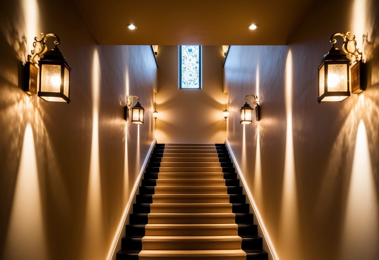 The staircase is illuminated by soft, warm light, casting shadows on the walls. Decorative elements, such as sconces and hanging lanterns, add a touch of elegance to the space