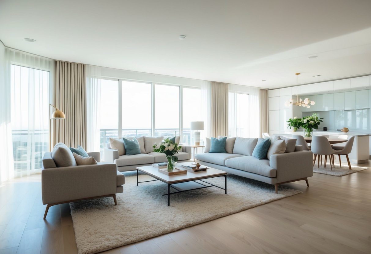 A bright, spacious living room with modern furniture and tasteful decor. Light floods in through large windows, highlighting the clean, inviting space