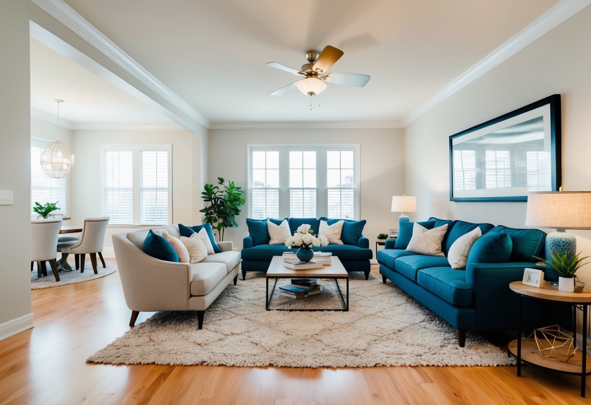 A brightly lit living room with strategically placed furniture and decor, creating an inviting and attractive space