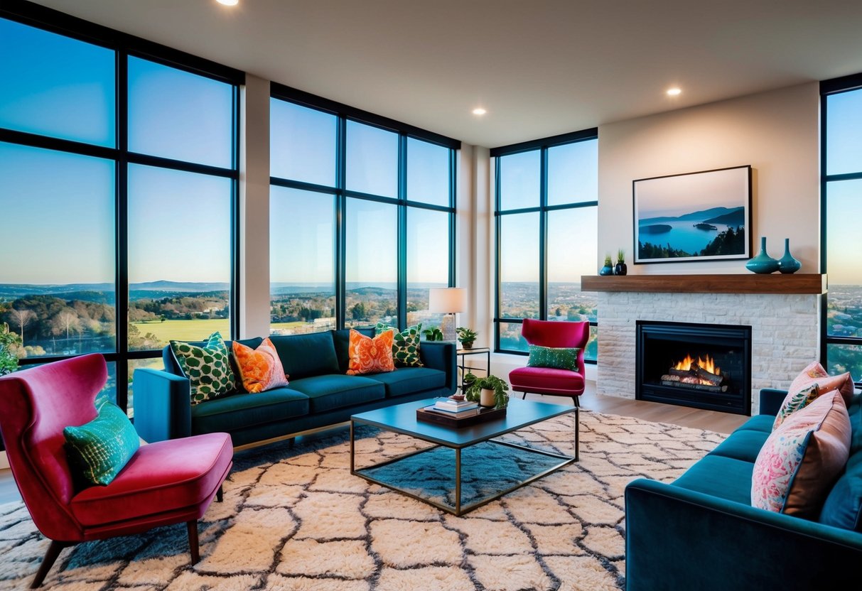 A stylishly decorated living room with modern furniture and vibrant accents, featuring a cozy fireplace and large windows overlooking a scenic landscape