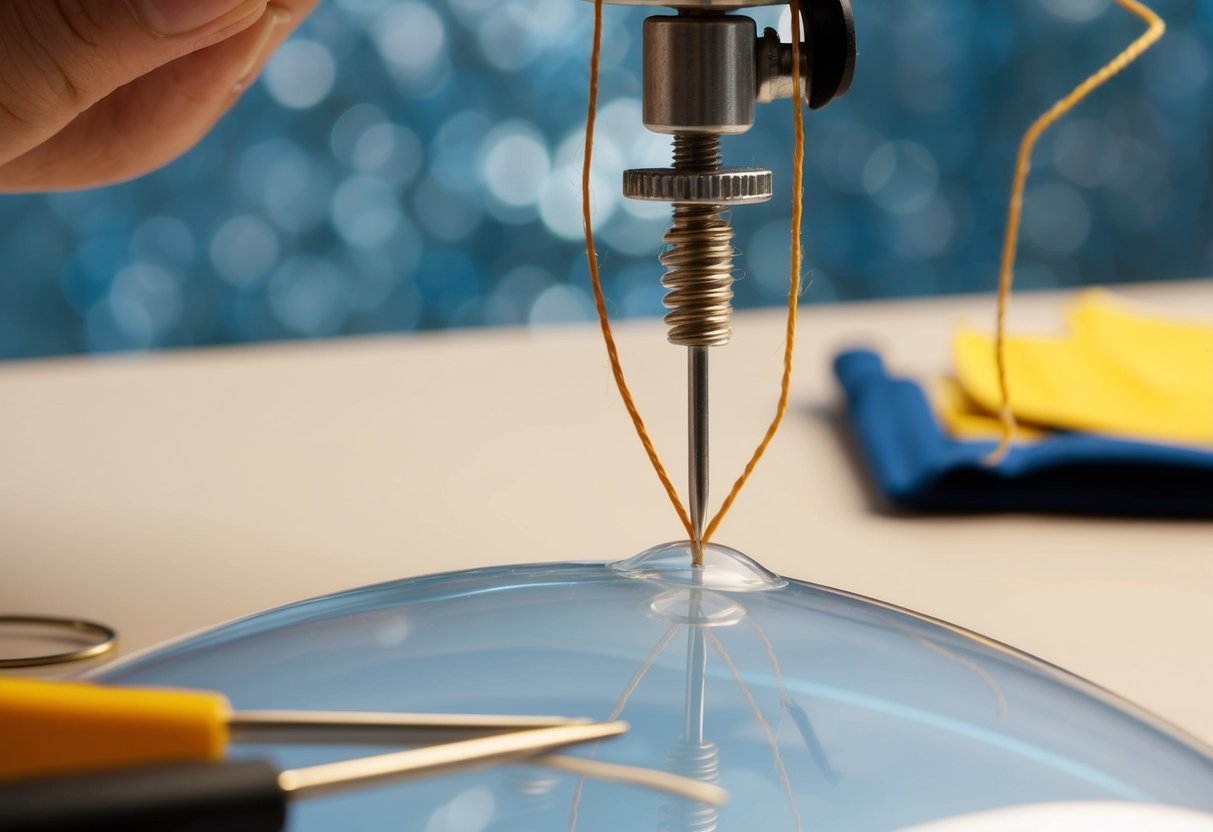 A needle and thread pierce through a clear bubble cover, securing it to a surface. Tools and materials are neatly arranged nearby