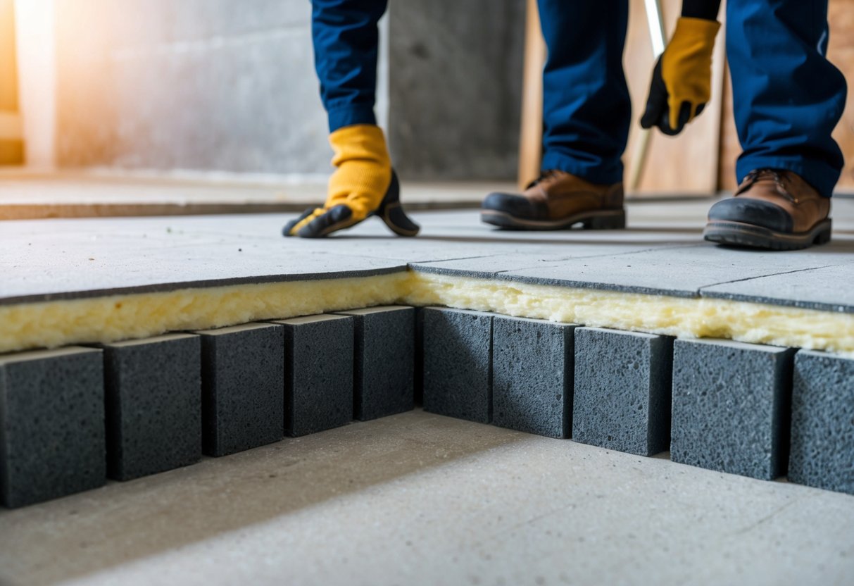 A concrete floor being insulated with layers of material, such as foam or insulation boards, to address specific isolation issues