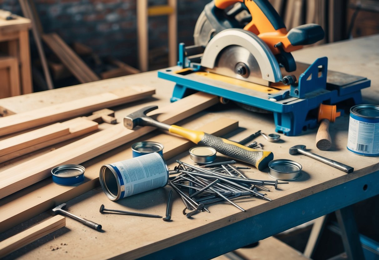 A table saw, hammer, nails, wood planks, and paint cans lay scattered on a workbench in a sunlit workshop