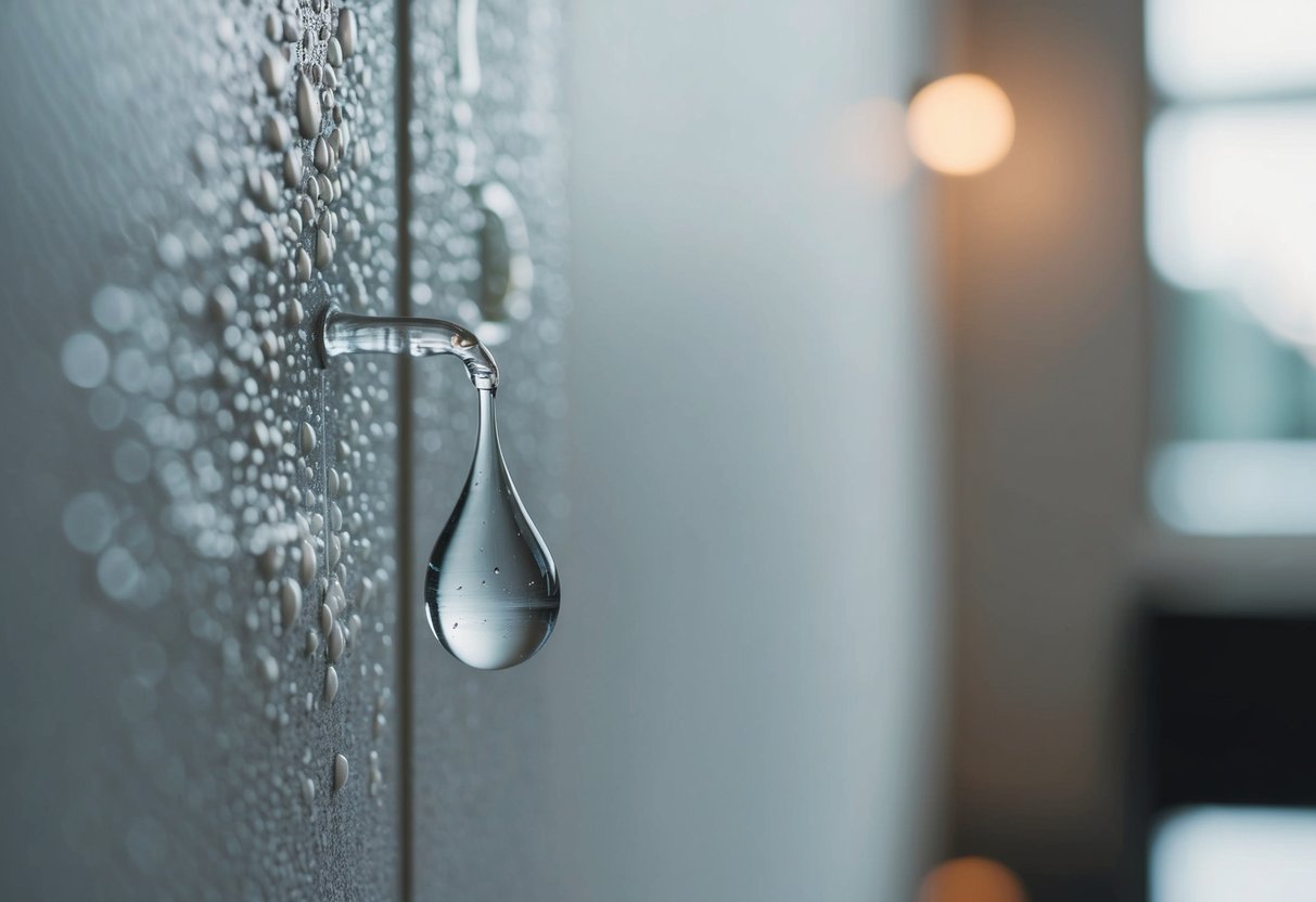 A single drop of water on an interior wall, slowly seeping through the surface