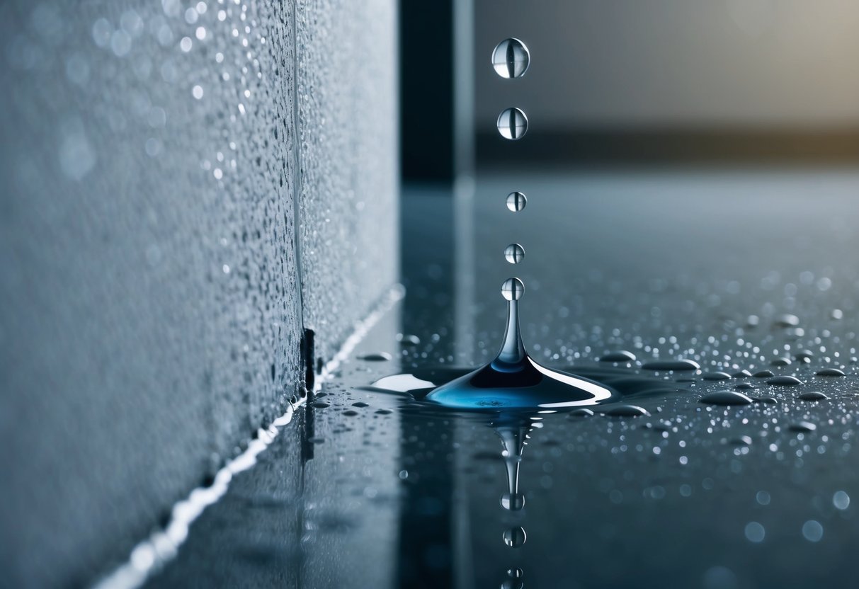 A single water droplet on an interior wall, slowly seeping through the surface, causing damage to the surrounding area