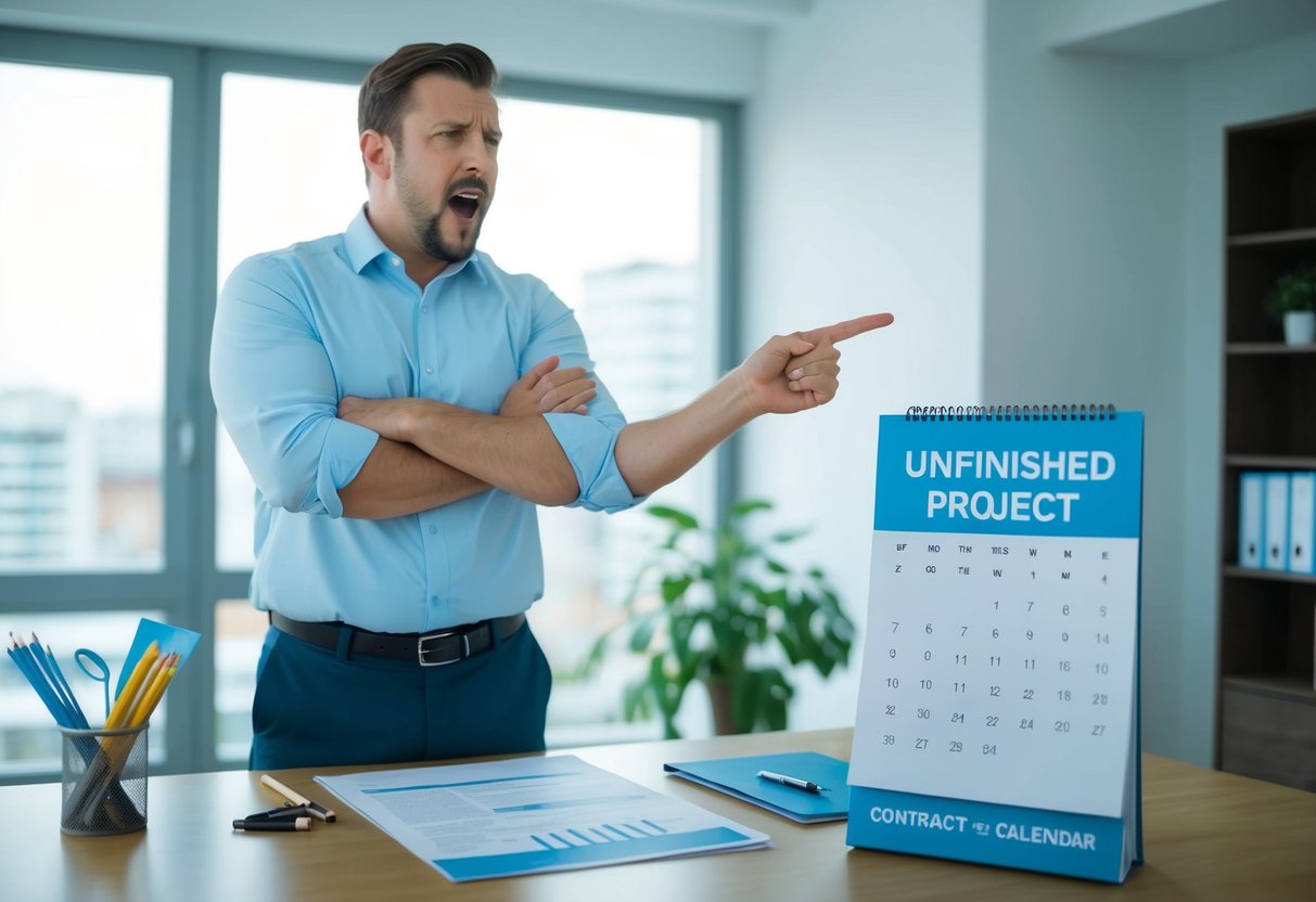 A frustrated customer standing with crossed arms in front of an unfinished project, pointing to a contract and gesturing towards a calendar