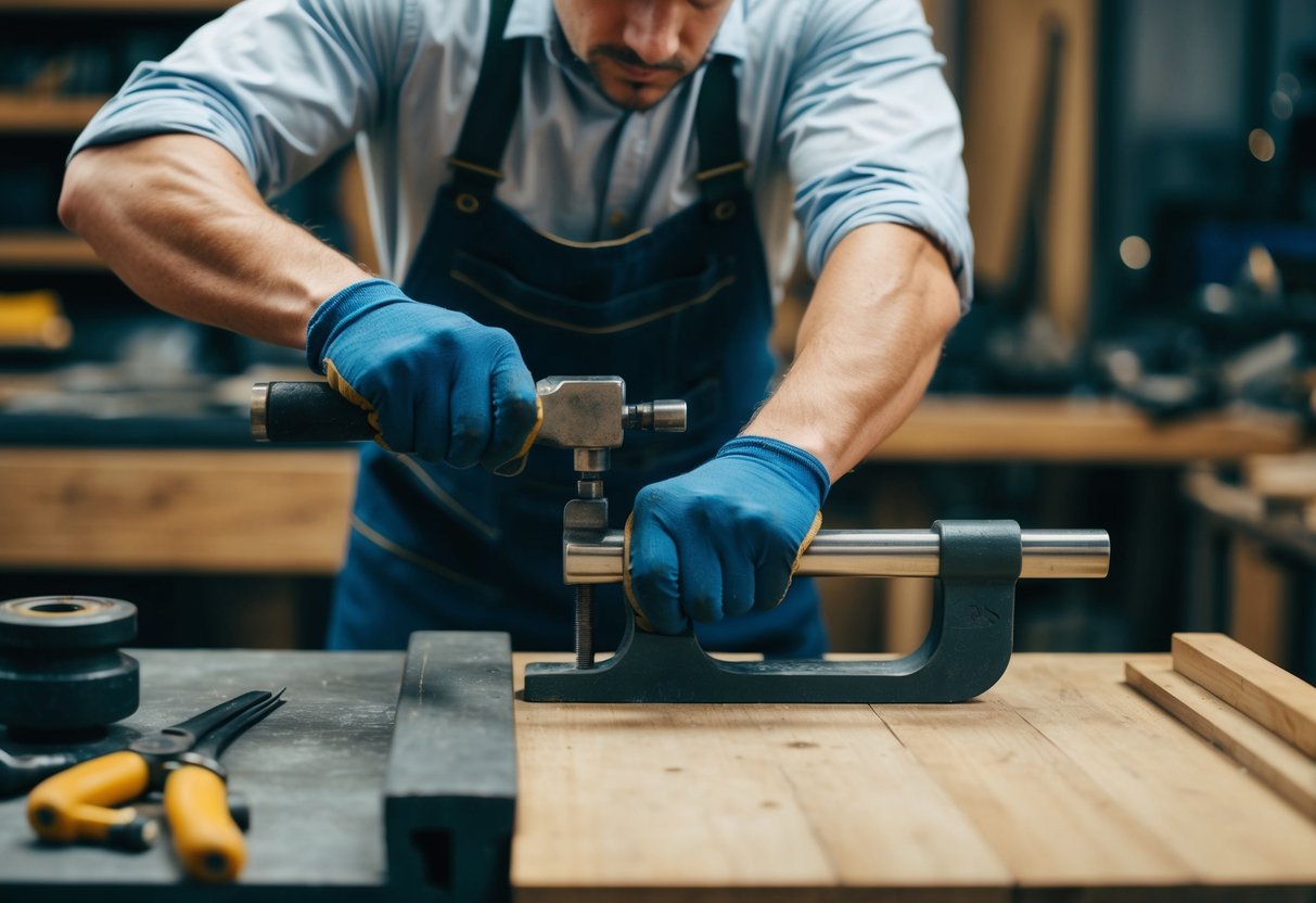 A craftsman confidently applies pressure to a tool, creating a precise and controlled motion. The scene is filled with focused energy and determination