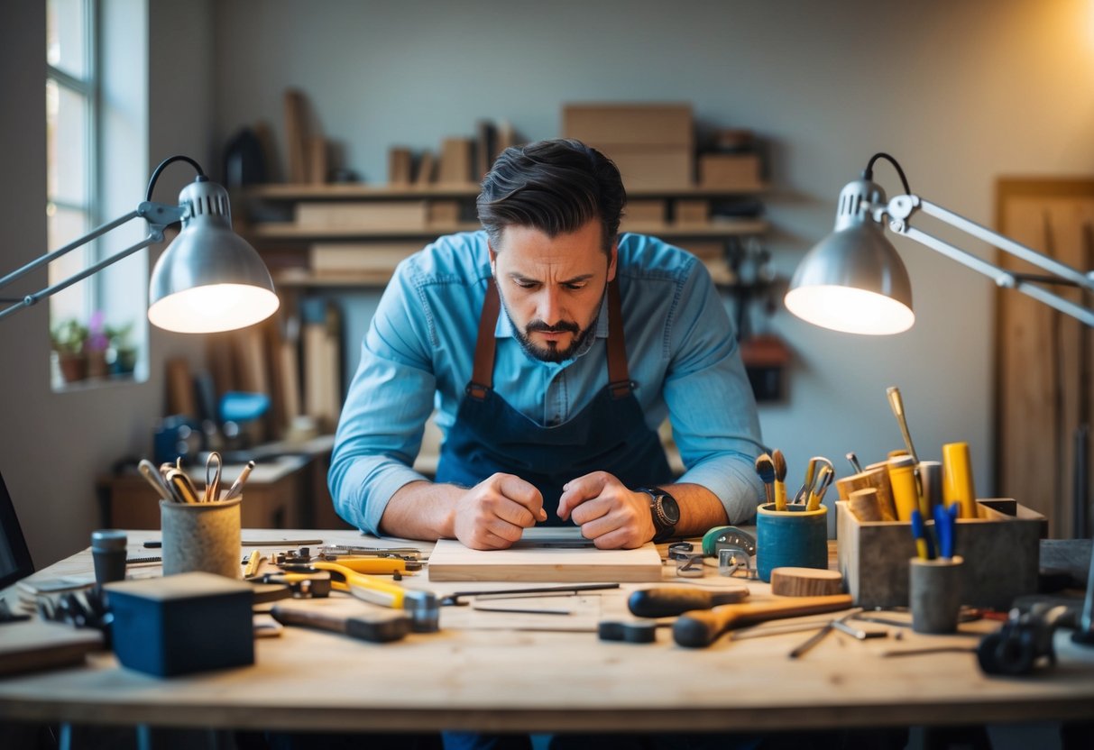 A stressed artisan surrounded by cluttered work tools, with a looming deadline and a demanding client