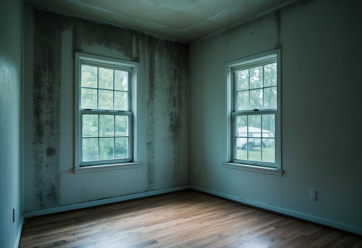 A damp, isolated house with visible signs of moisture on the walls and windows. Mold and mildew may be present, indicating poor indoor air quality