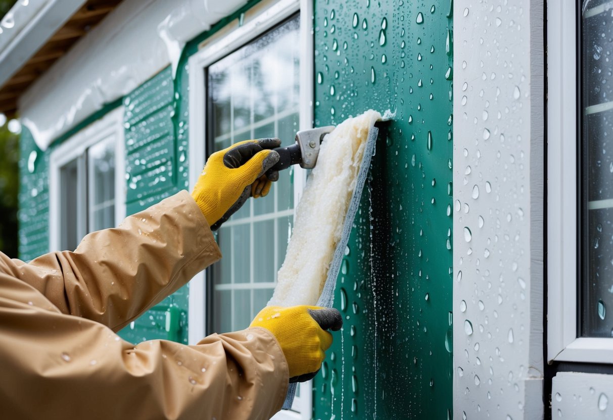 A house with water droplets forming on the walls and windows, while insulation materials are shown being applied to prevent moisture buildup