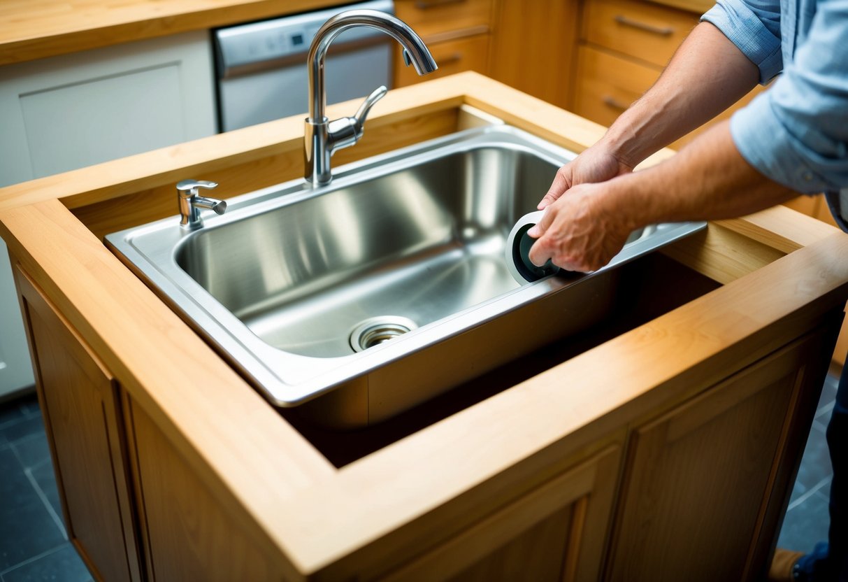 A stainless steel sink being carefully placed onto a wooden cabinet, ensuring it is level and securely attached