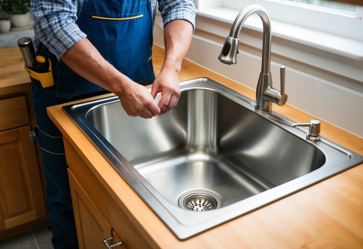 A stainless steel sink is being carefully installed onto a wooden cabinet. The installer follows maintenance tips to ensure the sink's longevity