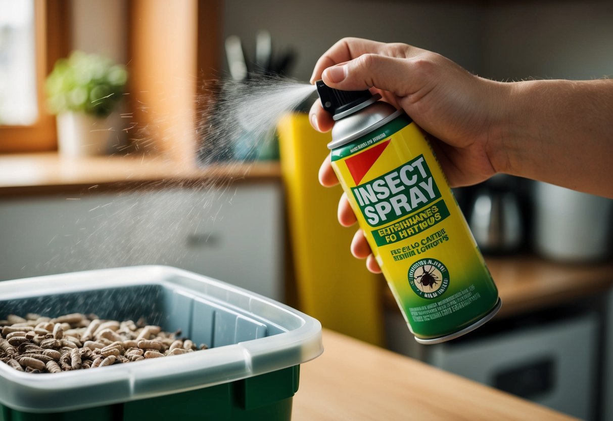 A can of insect spray being used indoors to eliminate maggots in a kitchen or garbage bin