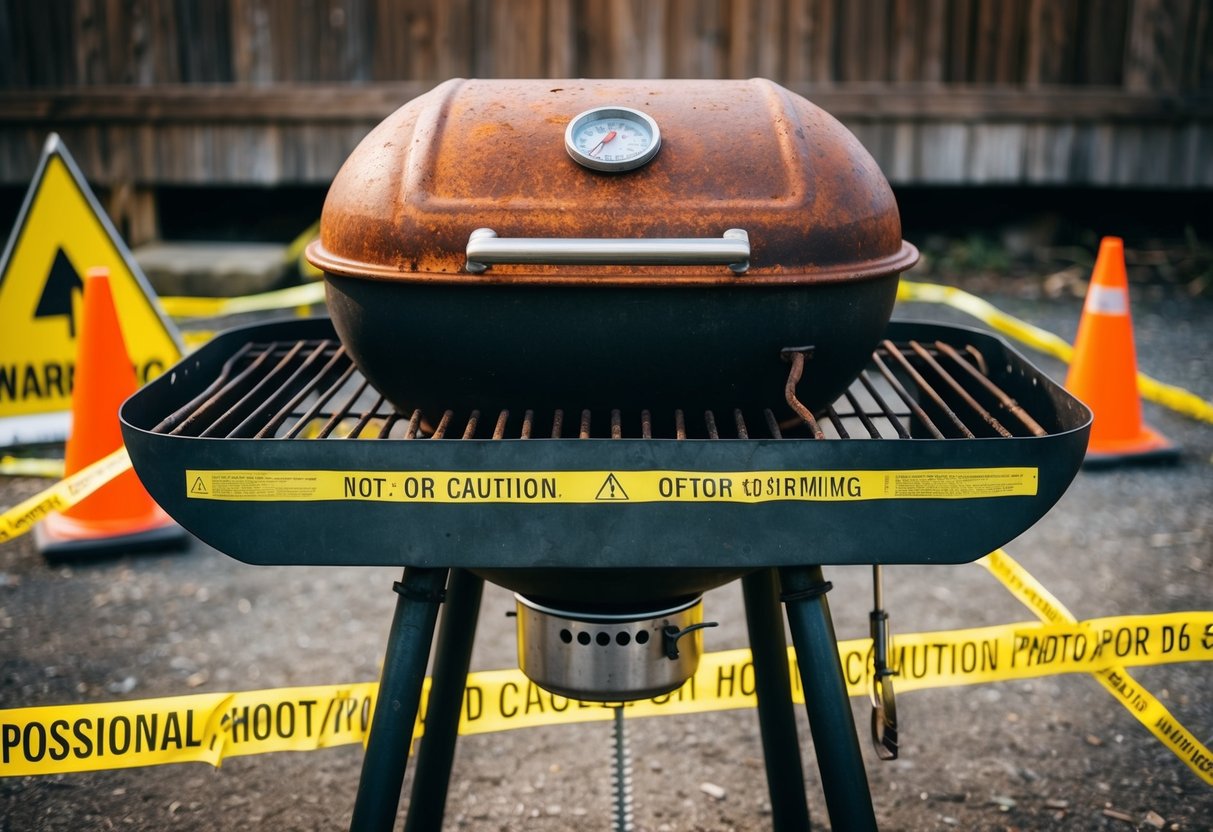 A rusty barbecue grill with visible signs of corrosion, surrounded by warning signs and caution tape