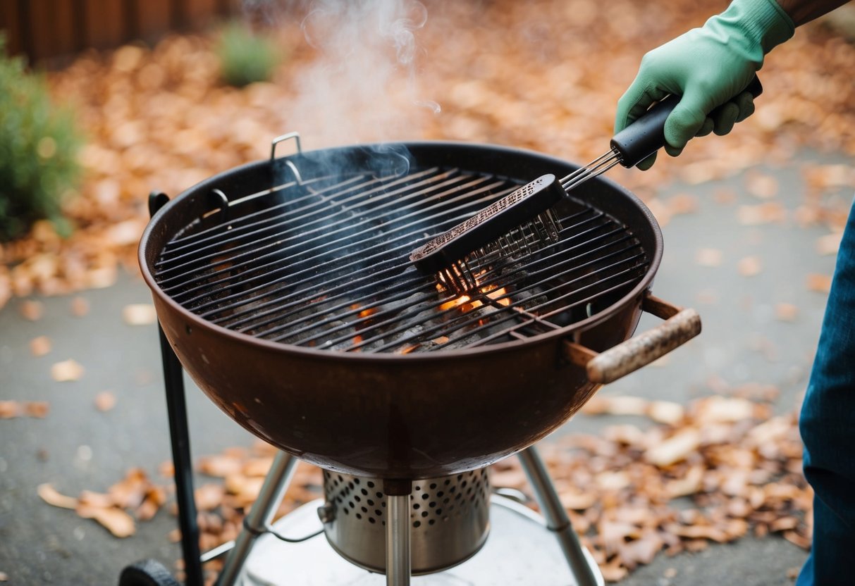 A rusty barbecue grill being cleaned with epic methods, surrounded by danger