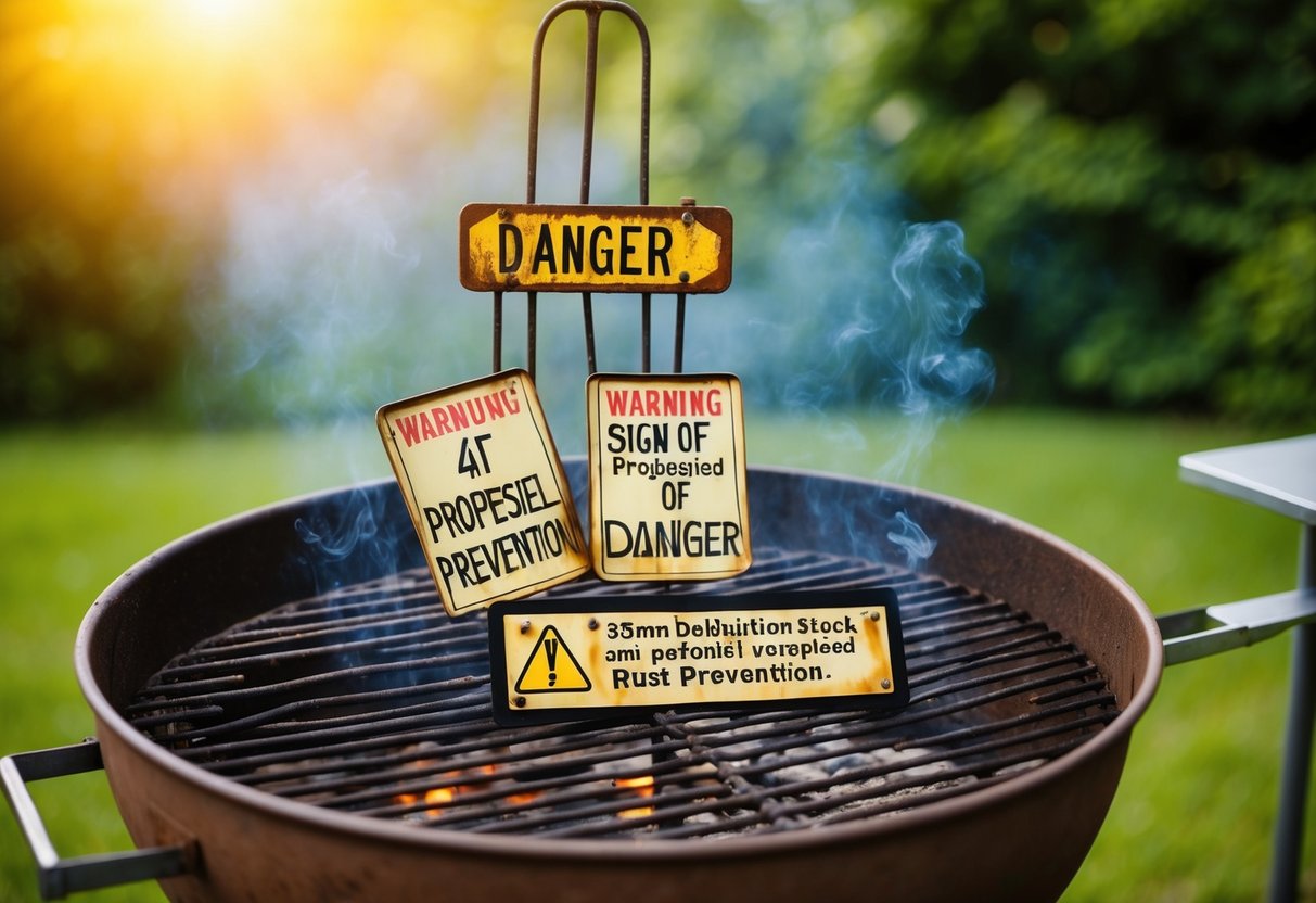 A rusty barbecue grill on the verge of collapsing, with warning signs of danger and the potential for prophesied rust prevention