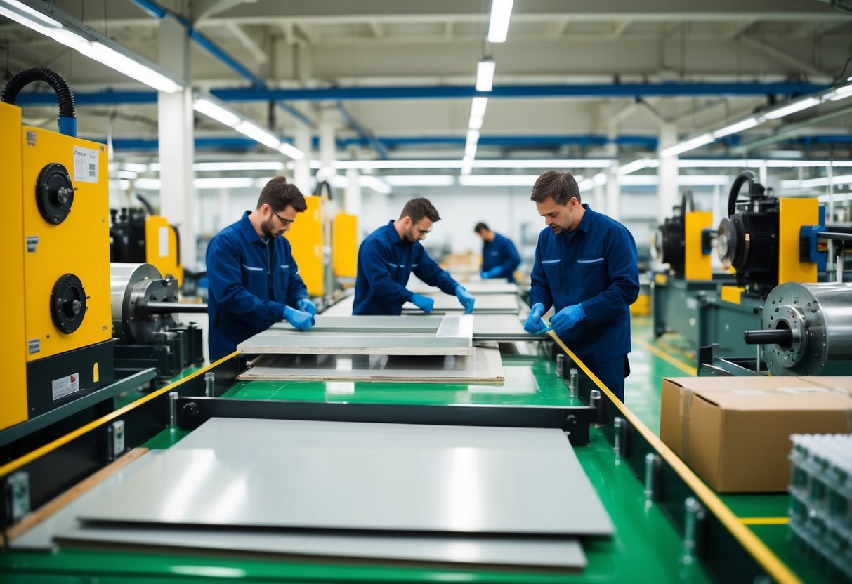 A factory floor with workers assembling composite materials for economic and sustainable purposes. Machinery and raw materials are visible