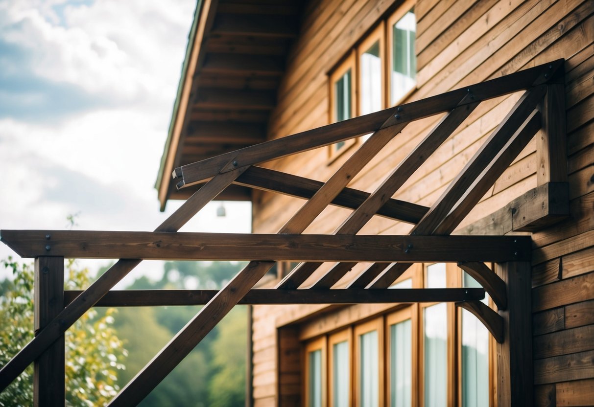 A wooden structure with diagonal braces and beams, supporting a building against strong winds