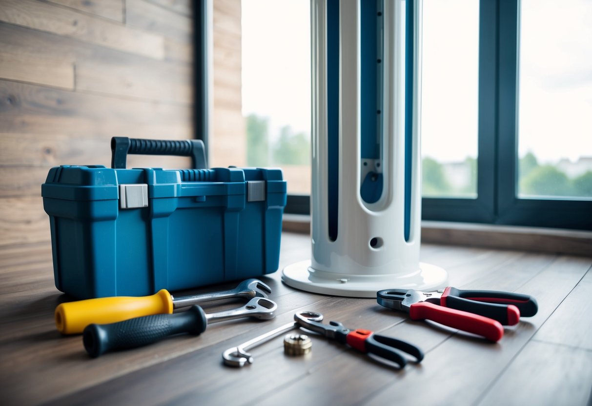 A toolbox and replacement parts laid out next to a disassembled shower column. Tools such as a wrench, screwdriver, and pliers are visible