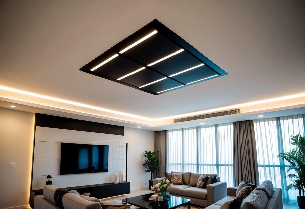 A modern living room with a false ceiling featuring integrated spotlights