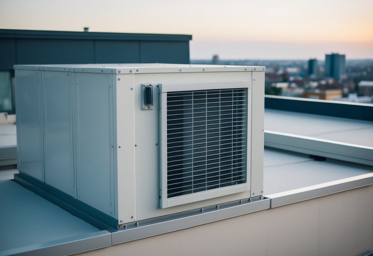 A quiet scene on the top floor of a building, with the sound of a ventilation system humming softly in the background