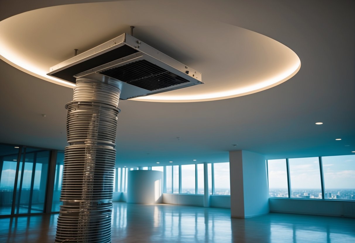 A noisy ventilation system on the top floor disrupts the quiet ballet of installations