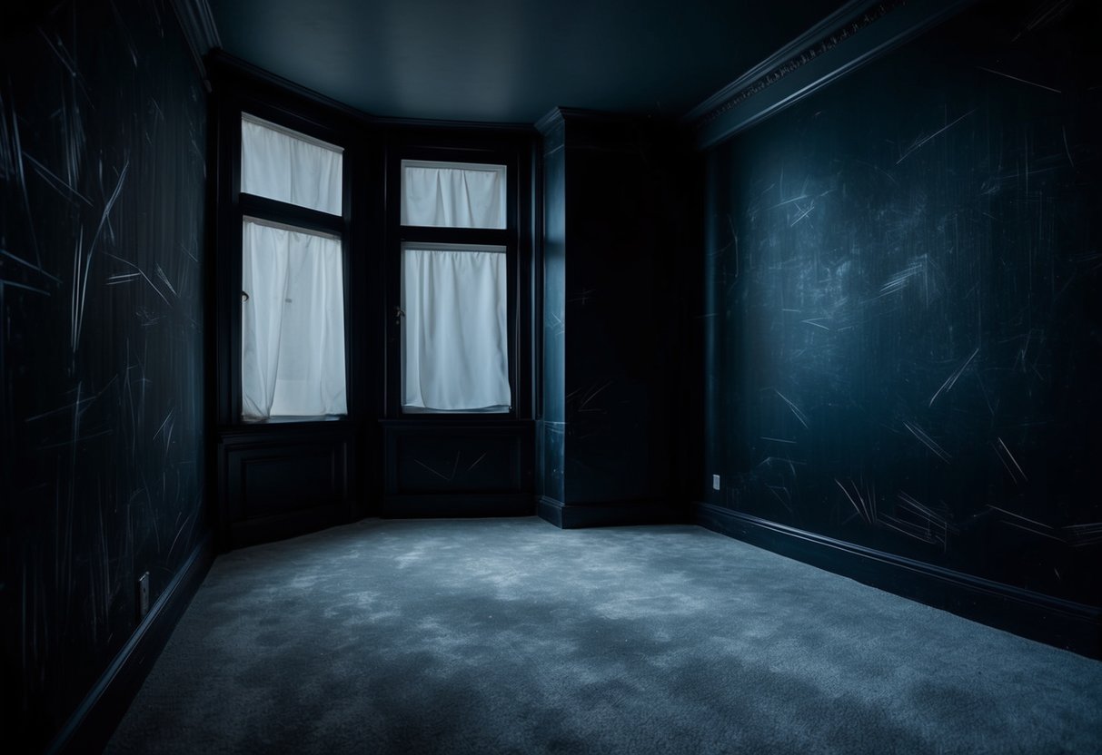 A dark room with eerie shadows, walls covered in scratch marks, and faint sounds of scratching echoing through the night