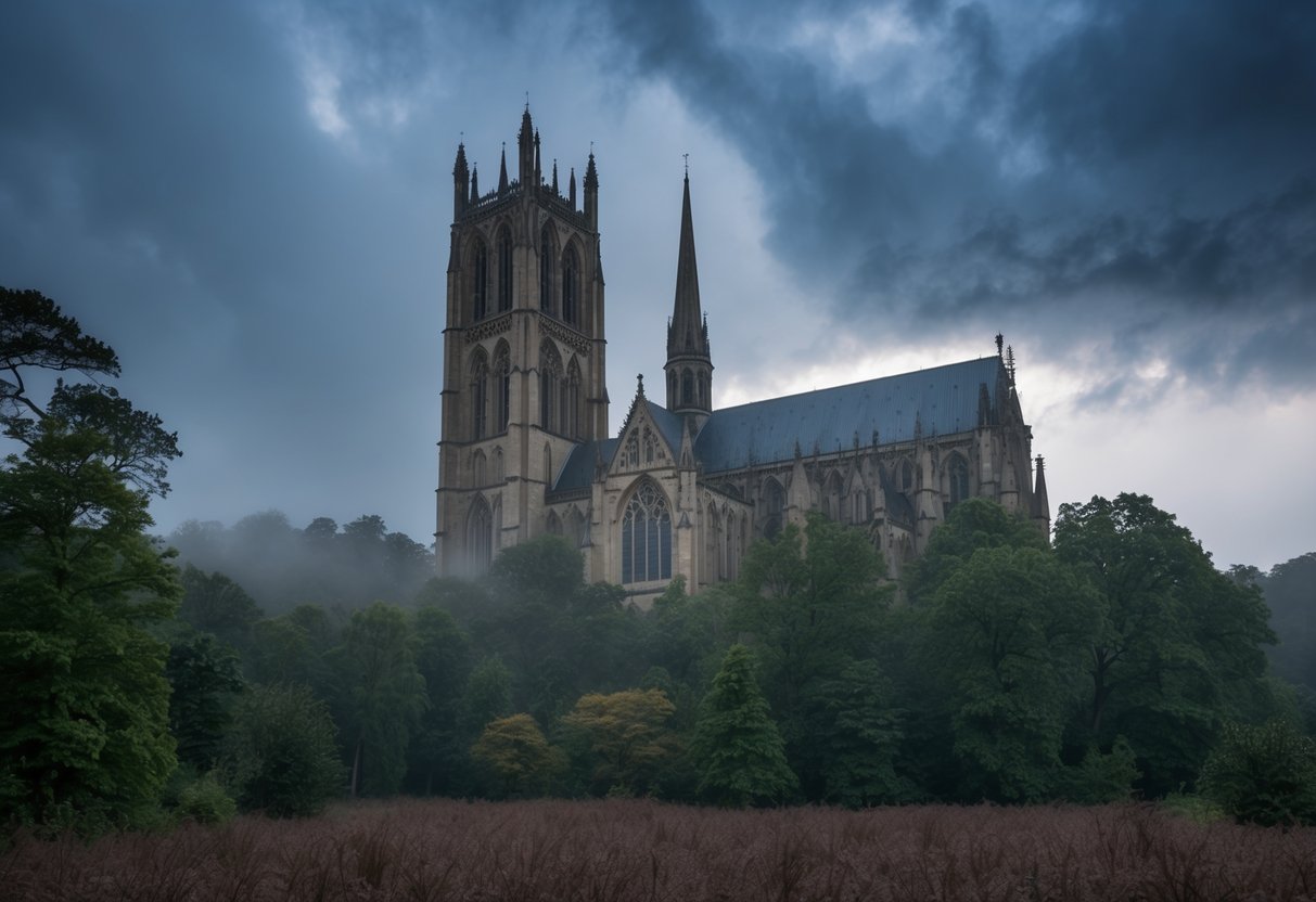 A gothic cathedral rising from a misty forest, its spires reaching towards a stormy sky, surrounded by wild, untamed nature