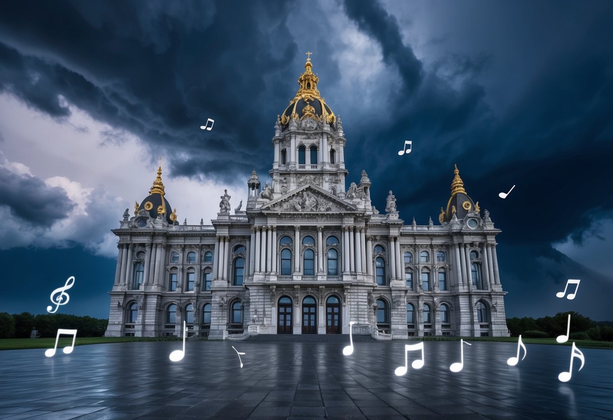 A grand, ornate building with intricate details stands against a dramatic, stormy sky. Music notes and instruments are scattered throughout the scene, evoking a sense of romanticism in both art and music