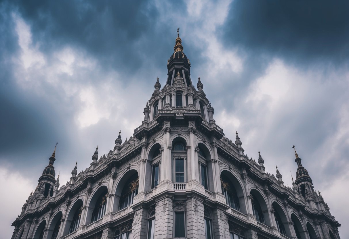 A grand, ornate building with intricate details and dramatic arches stands against a moody, overcast sky, evoking a sense of mystery and nostalgia