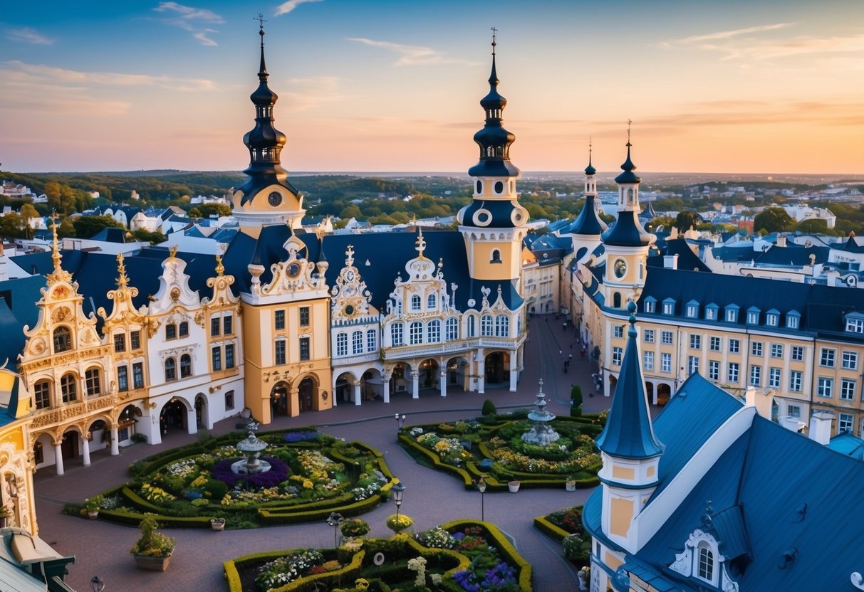 A picturesque European town with ornate, whimsical architecture inspired by the Romantic movement. Lush gardens, intricate ironwork, and dramatic spires define the landscape