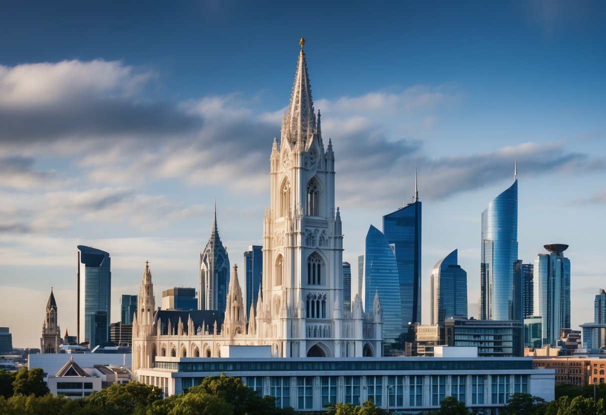 A modern city skyline with ornate, Gothic-inspired buildings and arches, blending with sleek, contemporary architecture