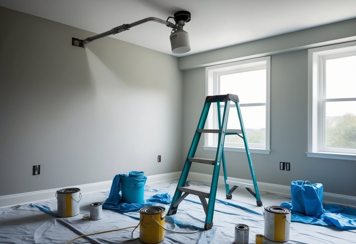 A room with a ladder and drop cloths, a paint sprayer pointed at the ceiling, paint cans and tools scattered around