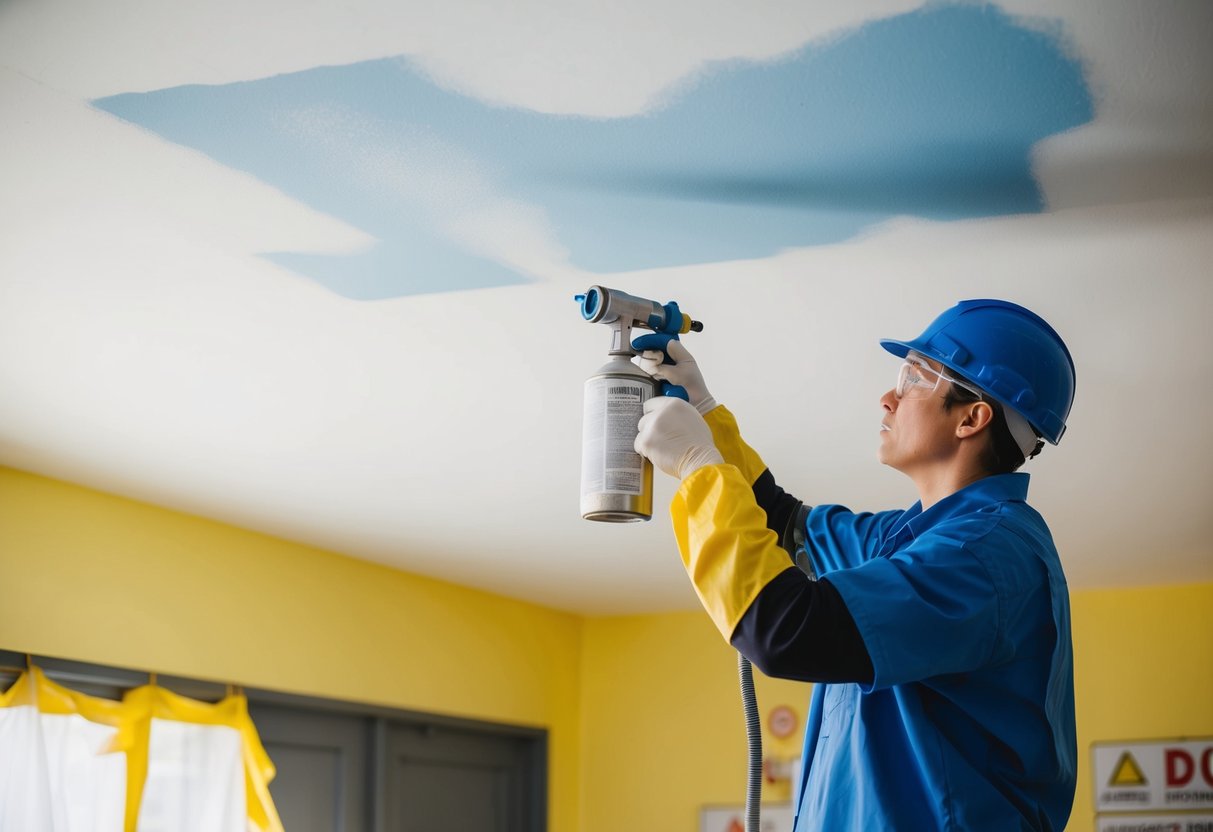 A person wearing protective gear sprays paint onto a ceiling using a paint gun, with drop cloths and safety signs in the background