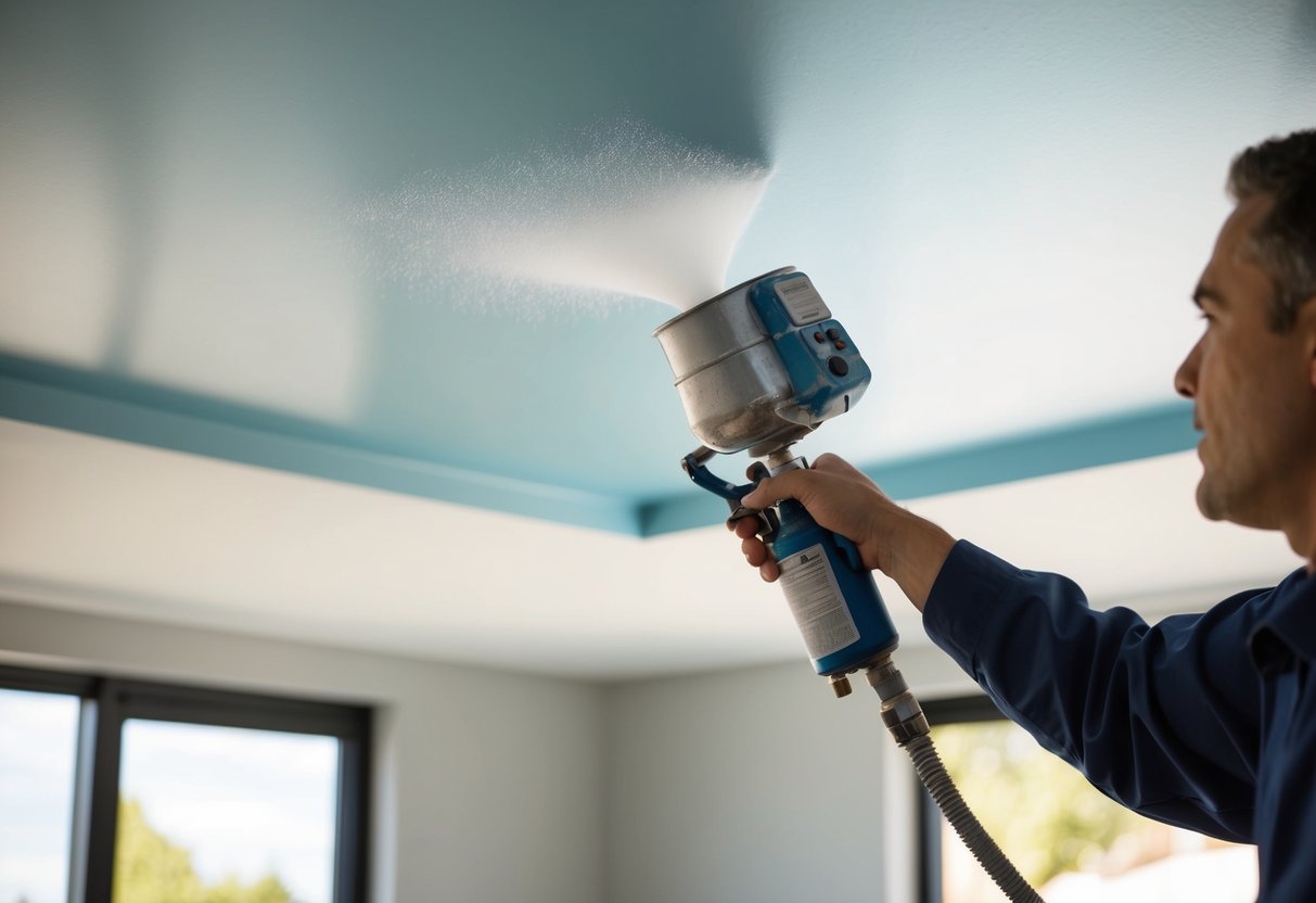 A ceiling being painted with a paint sprayer, with a focus on cleaning and finishing