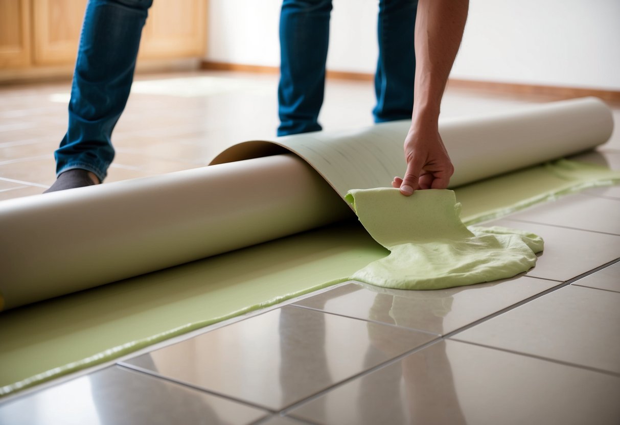 A smooth layer of leveling compound is applied over the tiled floor. A roll of linoleum is unrolled and carefully positioned over the surface