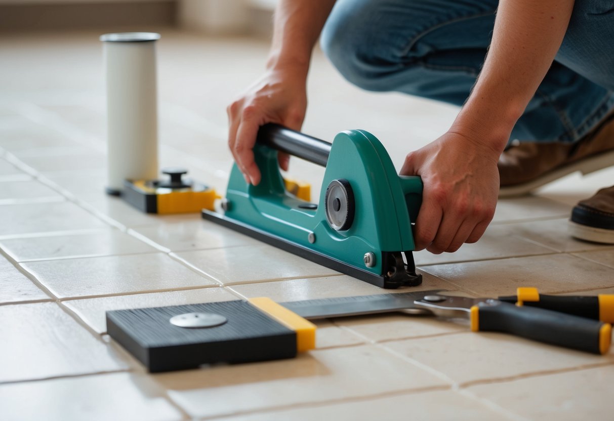 A delicate linoleum cutting scene, with tools and materials for laying linoleum on tile