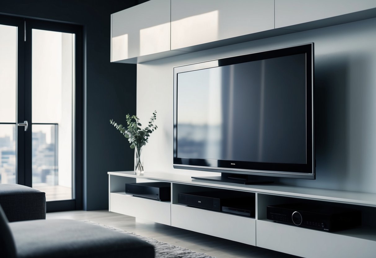 A 65-inch TV is mounted on a sleek, minimalist wall unit, blending aesthetics and functionality. The TV is positioned at eye level for comfortable viewing