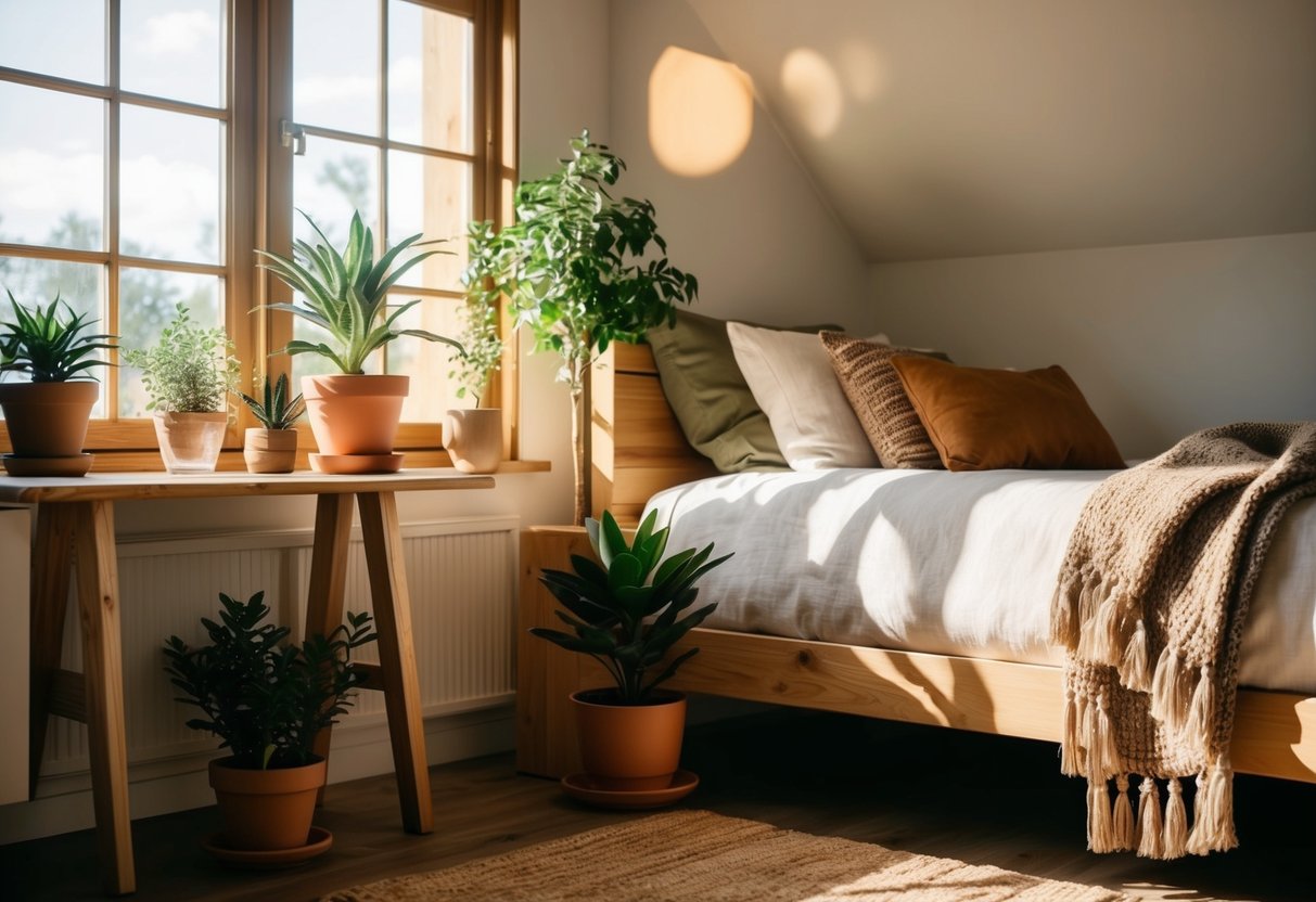 A cozy bedroom with natural wood furniture, potted plants, and earthy tones. The sunlight filters through the window, casting a warm glow on the natural elements