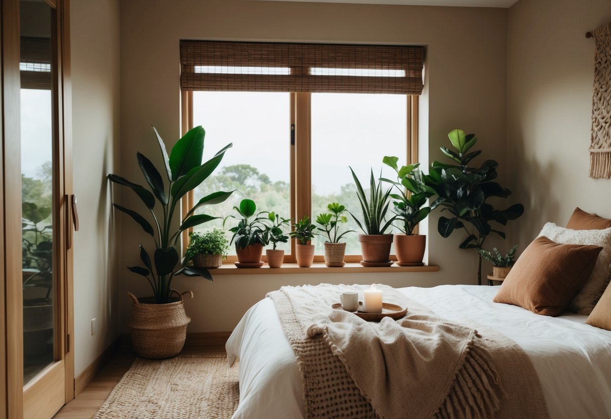 A cozy bedroom with earthy tones, potted plants, and nature-inspired decor. A large window lets in natural light, creating a peaceful and serene atmosphere