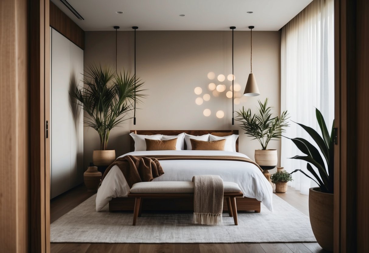 A luxurious bedroom with natural elements like wood, plants, and earthy tones. Elegant details and a refined atmosphere