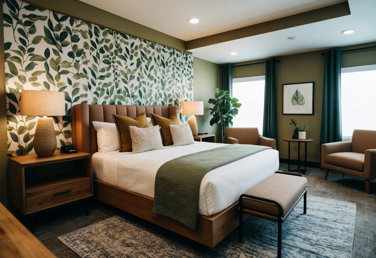 A cozy commercial establishment with a nature-themed bedroom, featuring earthy tones, wooden furniture, and leafy decor