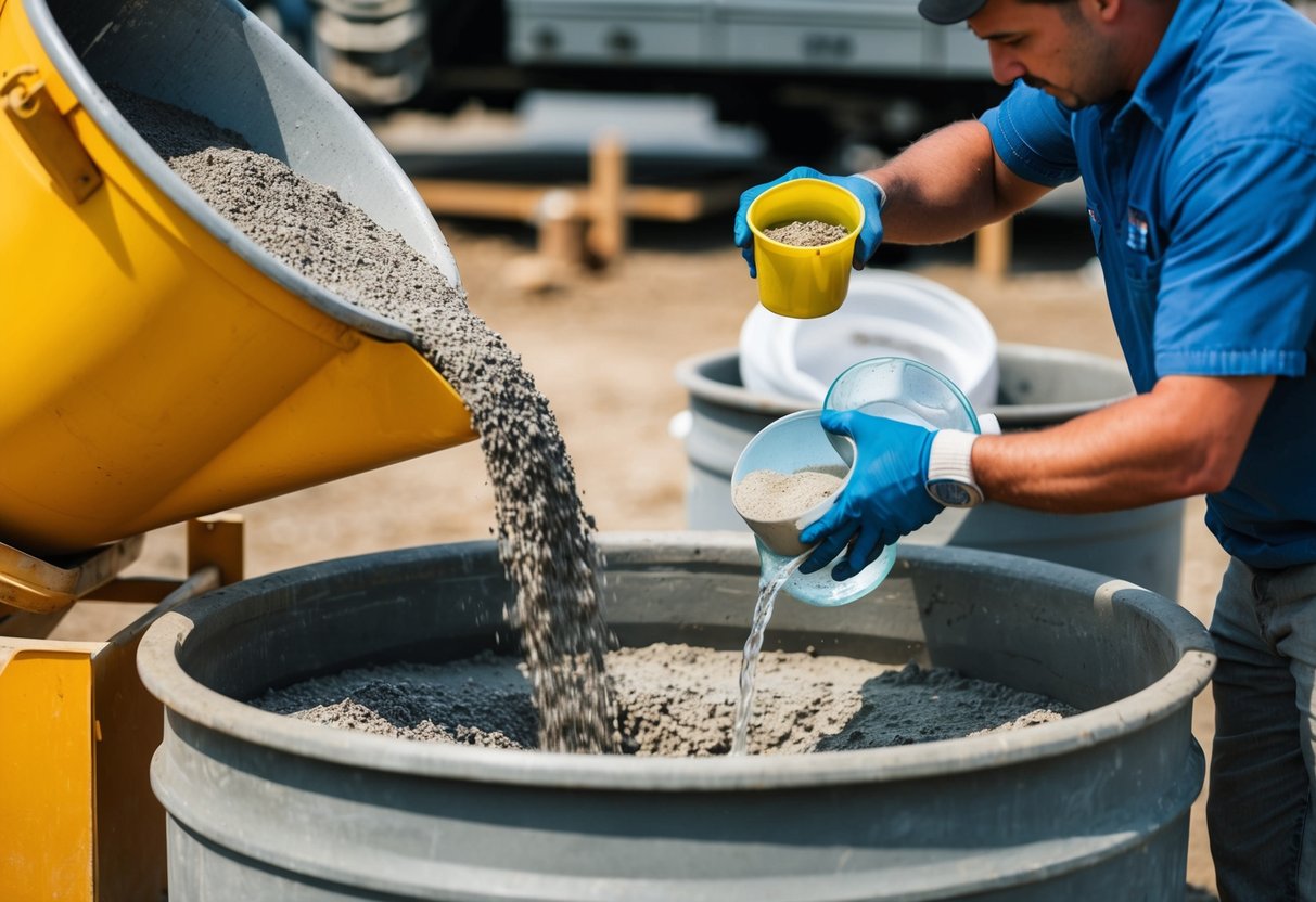 A concrete mixer pouring ingredients into a large container, while another worker carefully measures and adds water, creating the perfect concrete mix for a lintel