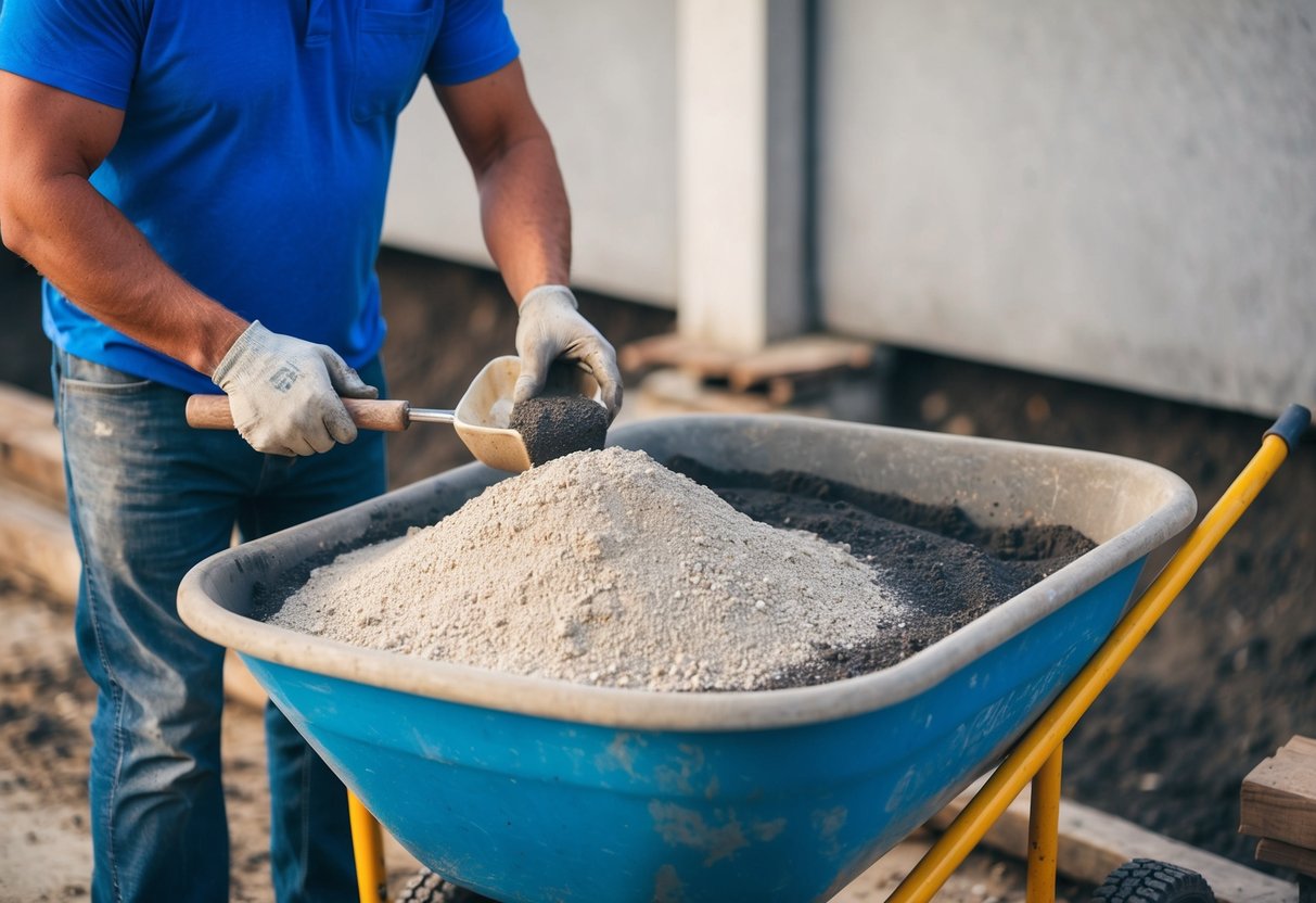 A worker prepares concrete mixture for a lintel. Sand, cement, and water are measured and mixed in a wheelbarrow