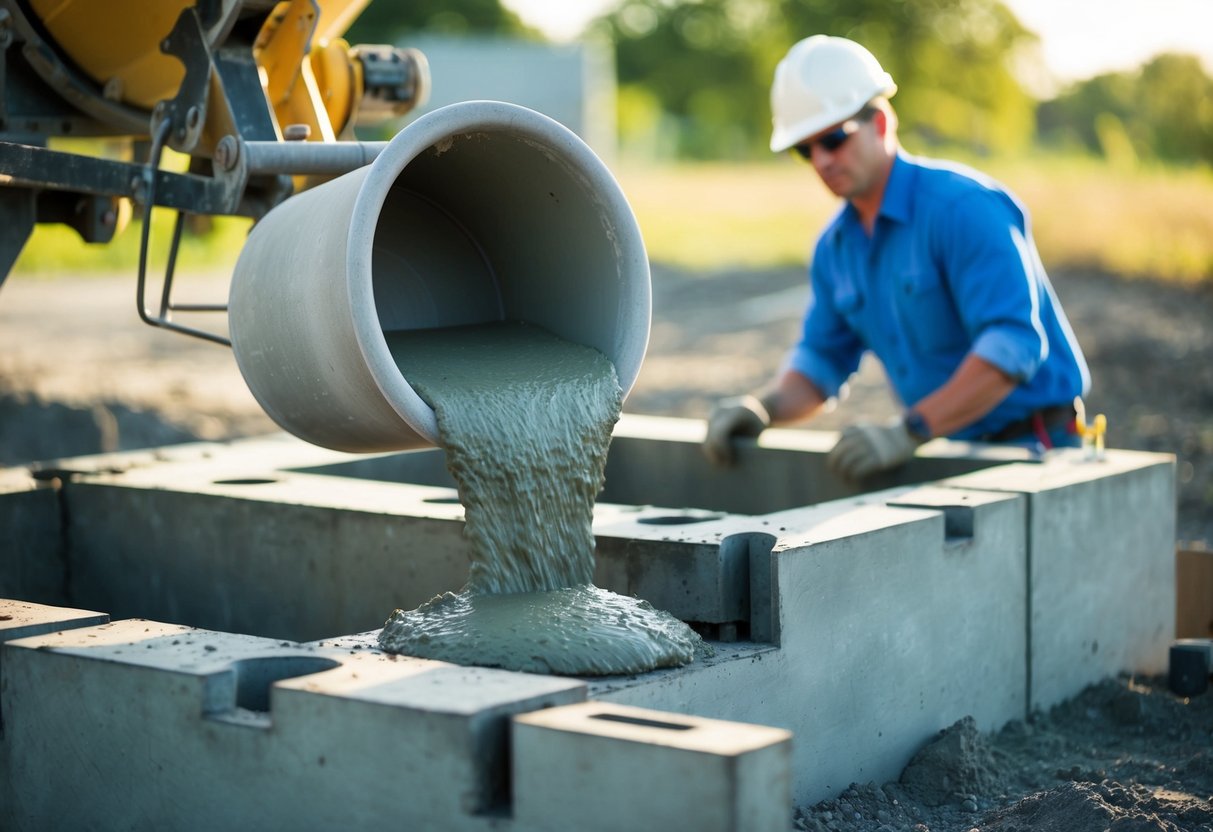 A concrete mixer pouring precise amounts into a mold for a lintel, with a worker overseeing the process