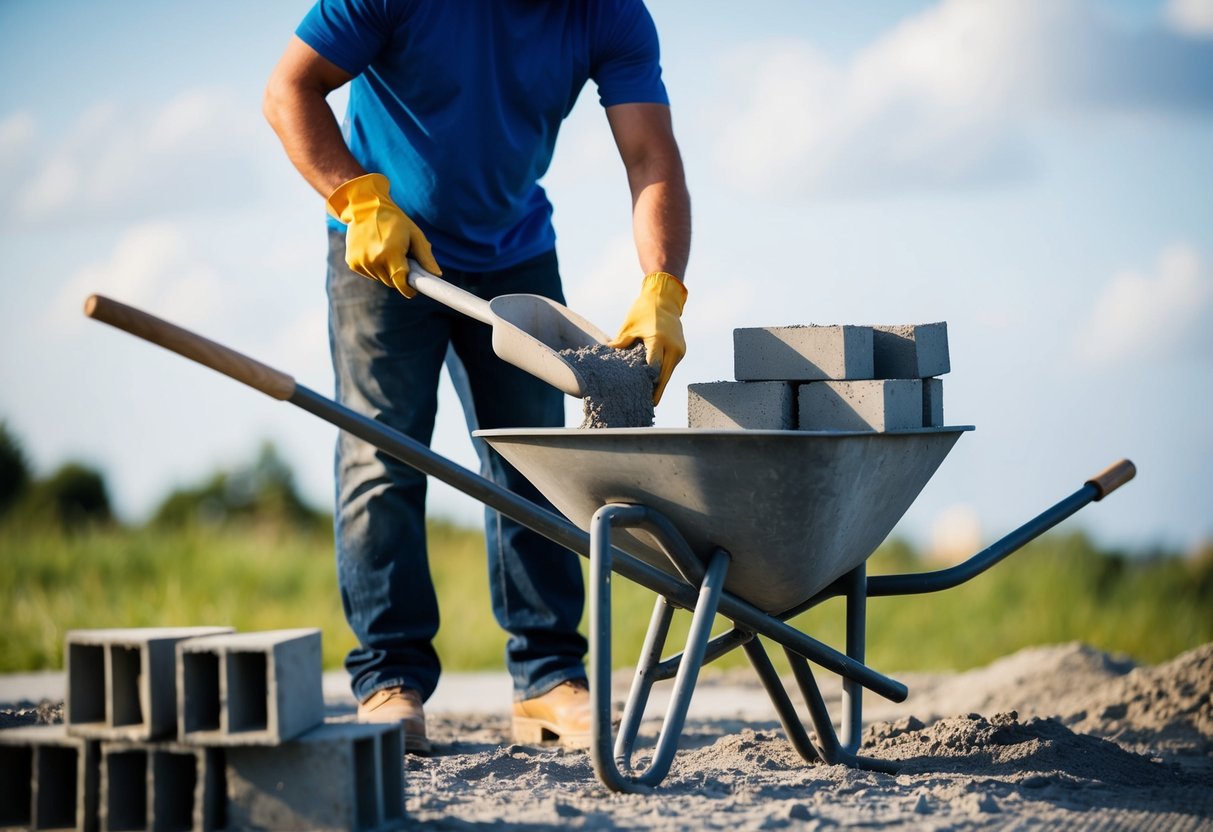 A figure measuring and pouring concrete mix into a wheelbarrow, with a stack of concrete blocks and a trowel nearby