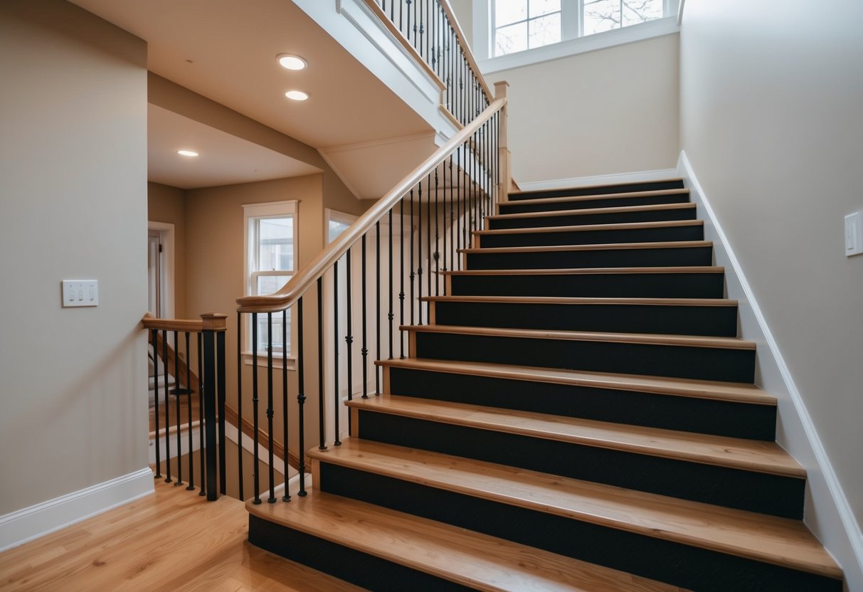 A comfortable staircase with short steps, well-lit and spacious, leading up to a landing